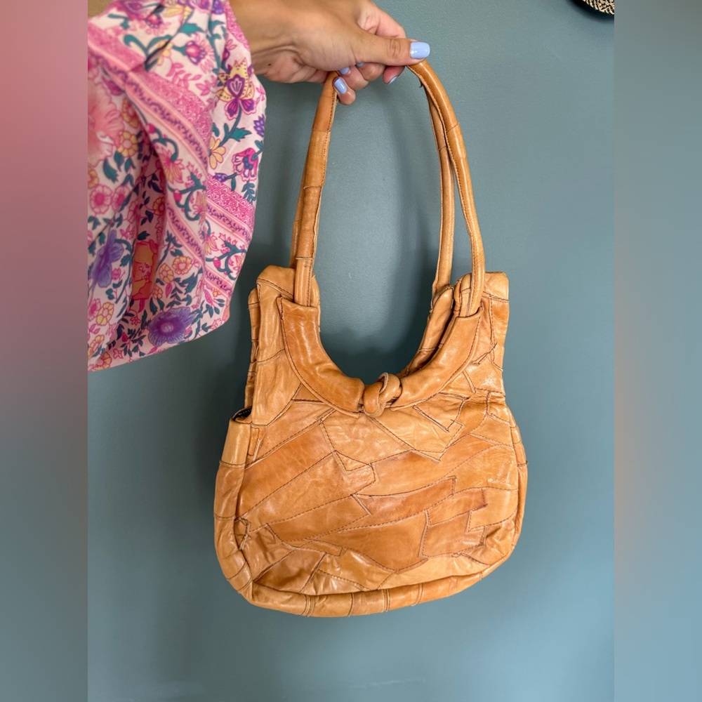 1970s Leather Patchwork Shoulder Bag in Tan